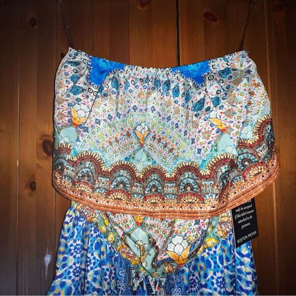 BOSTON PROPER Strapless Boho Print Jumpsuit with Tassel Details, Size Medium - Picture 4 of 5